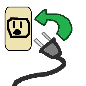 A gray cord with a large green arrow pointing to a cream colored outlet.
